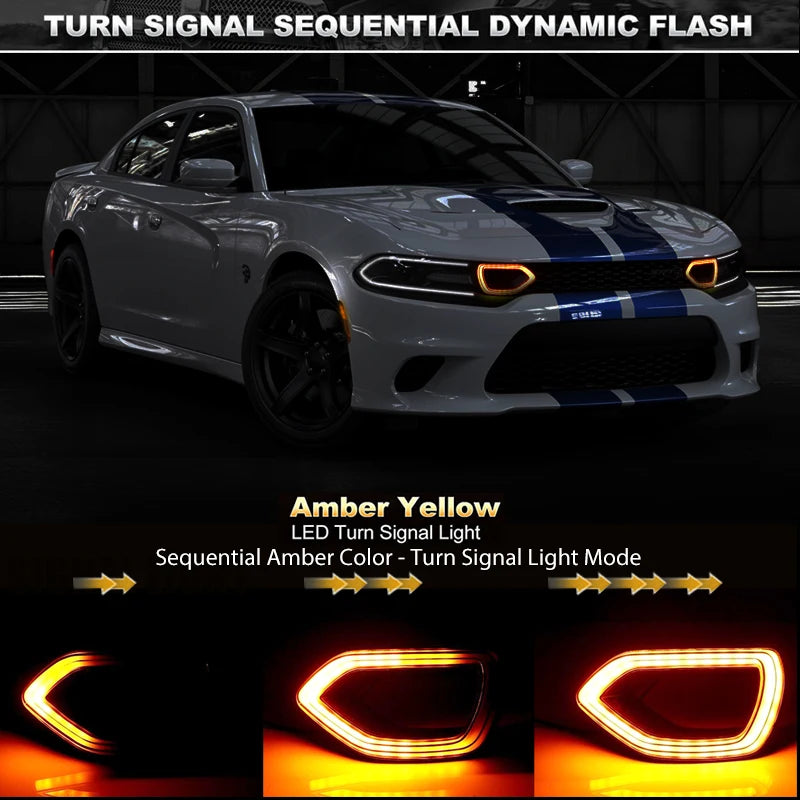 Amber yellow LED turn signal light sequential dynamic flash for a Dodge Charger grill
