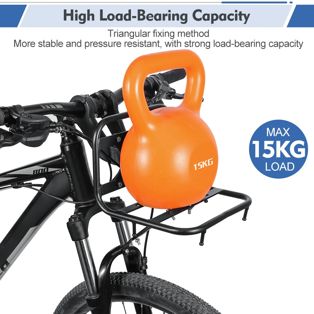 Orange triangular iron front rack for a bicycle, designed for high load-bearing capacity.