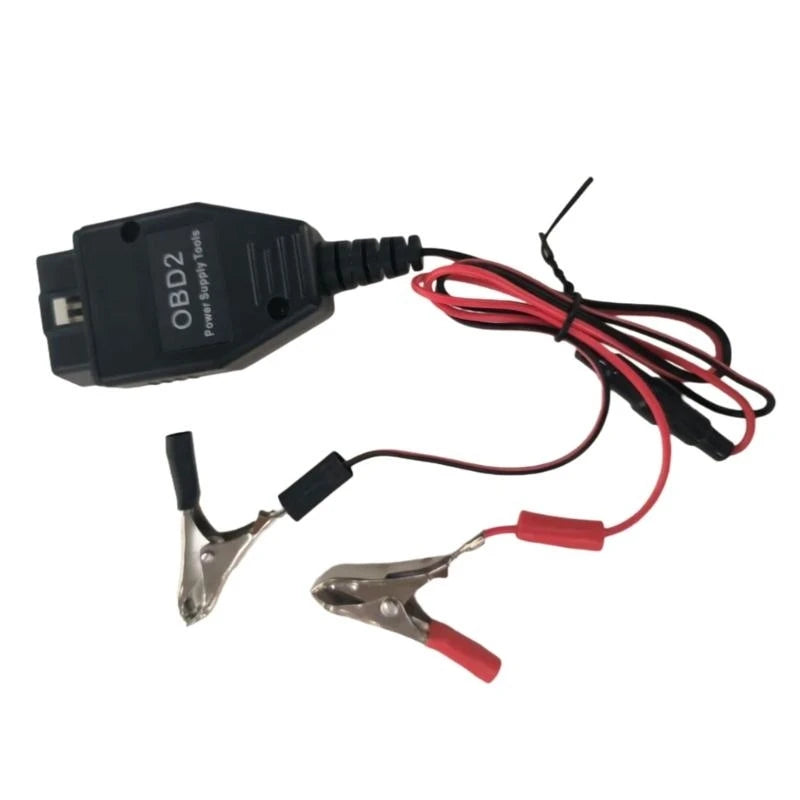 A black OBD2 power supply tool with a red and black cable attached.