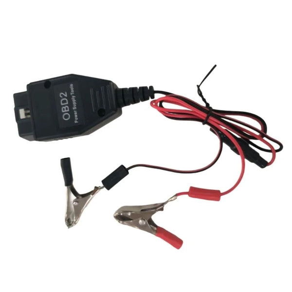 A black OBD2 power supply tool with a red and black cable attached.