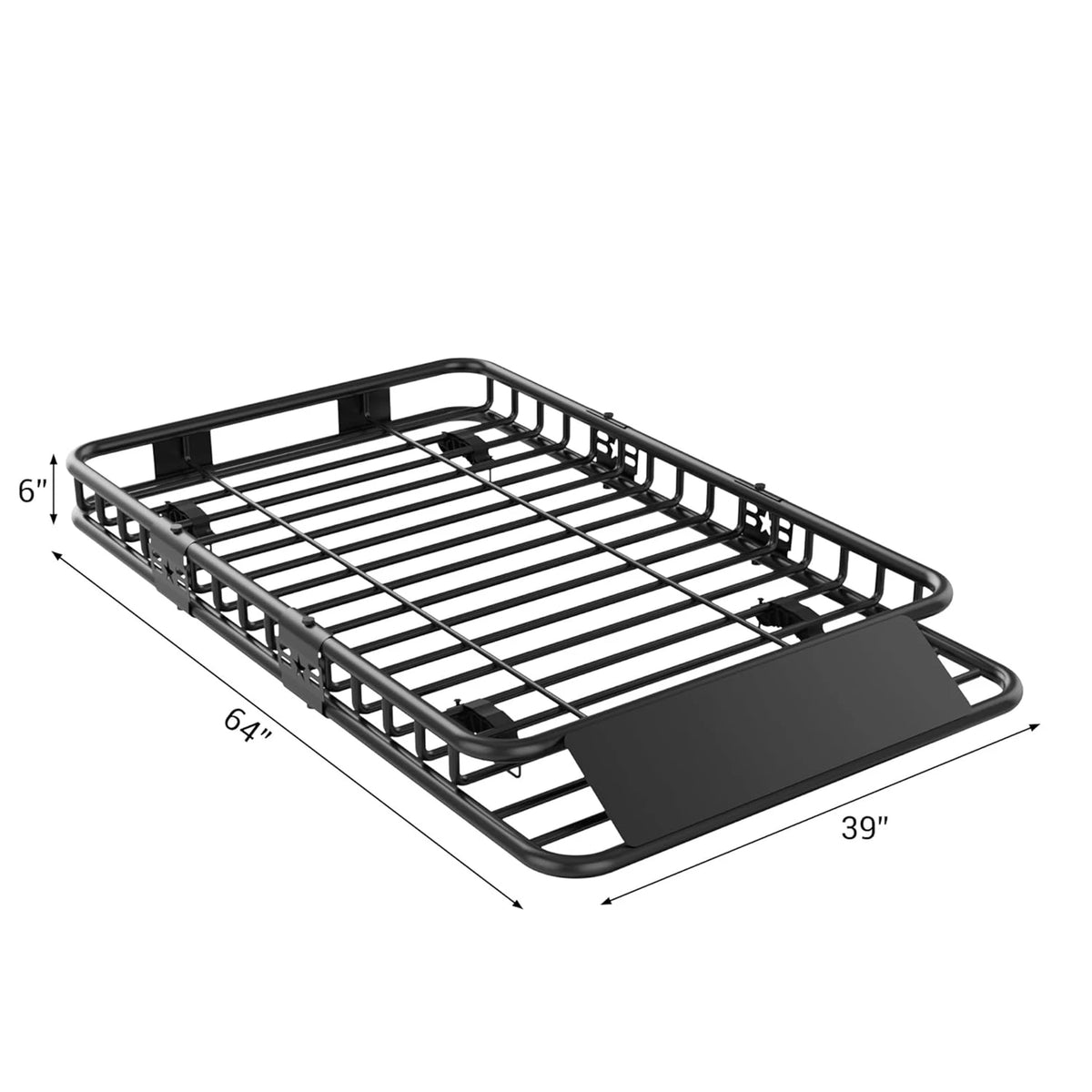 Black heavy-duty universal roof cargo basket with dimensions 6" by 39" and 64" long