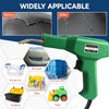 A green plastic welding gun is shown with before and after images demonstrating its use on a car bumper, alongside various to