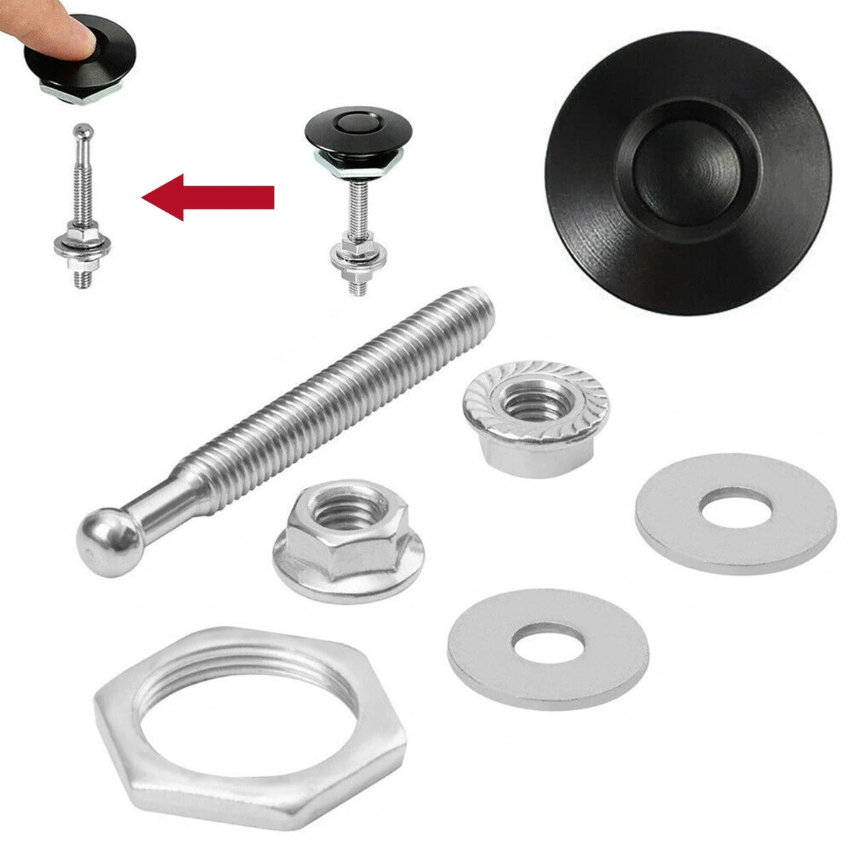 Set of universal car hood pin locks including various metal components and a black lock plate.