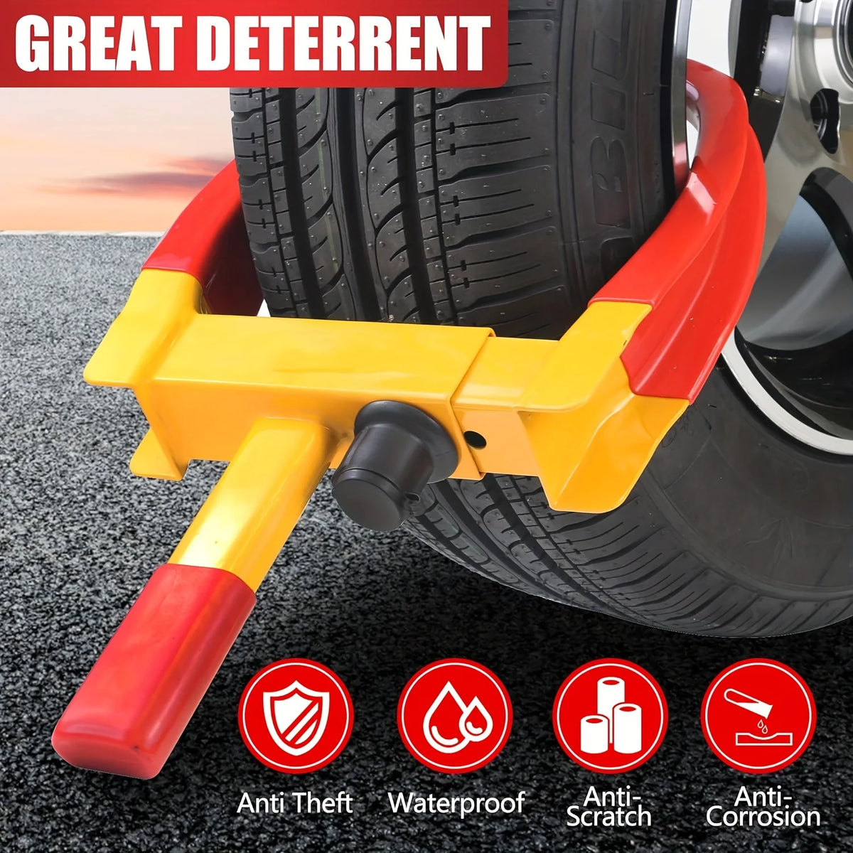 A yellow and red heavy duty adjustable tire lock is shown securing a tire, with icons indicating anti-theft, waterproof, anti