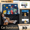 Side-by-side comparison showing a car sunshade before and after installation, featuring a carbon mesh layer 3D design.