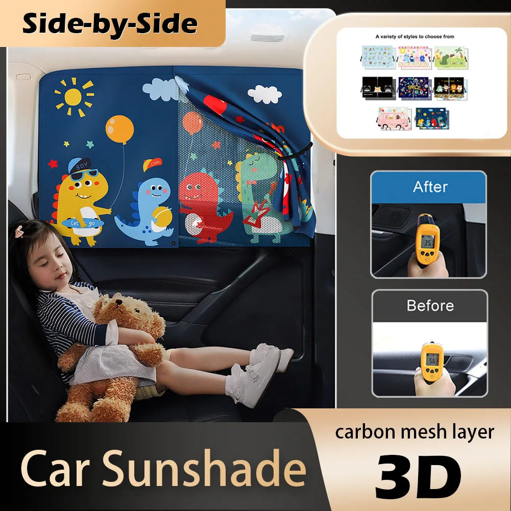 Side-by-side comparison showing a car sunshade before and after installation, featuring a carbon mesh layer 3D design.