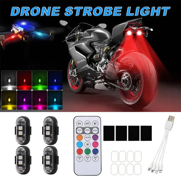 A motorcycle is shown with various strobe light modes, alongside separate LED lights and a remote control.