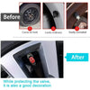 Before and after comparison showing an aluminum tire valve cap set installation, highlighting air leak prevention and decorat