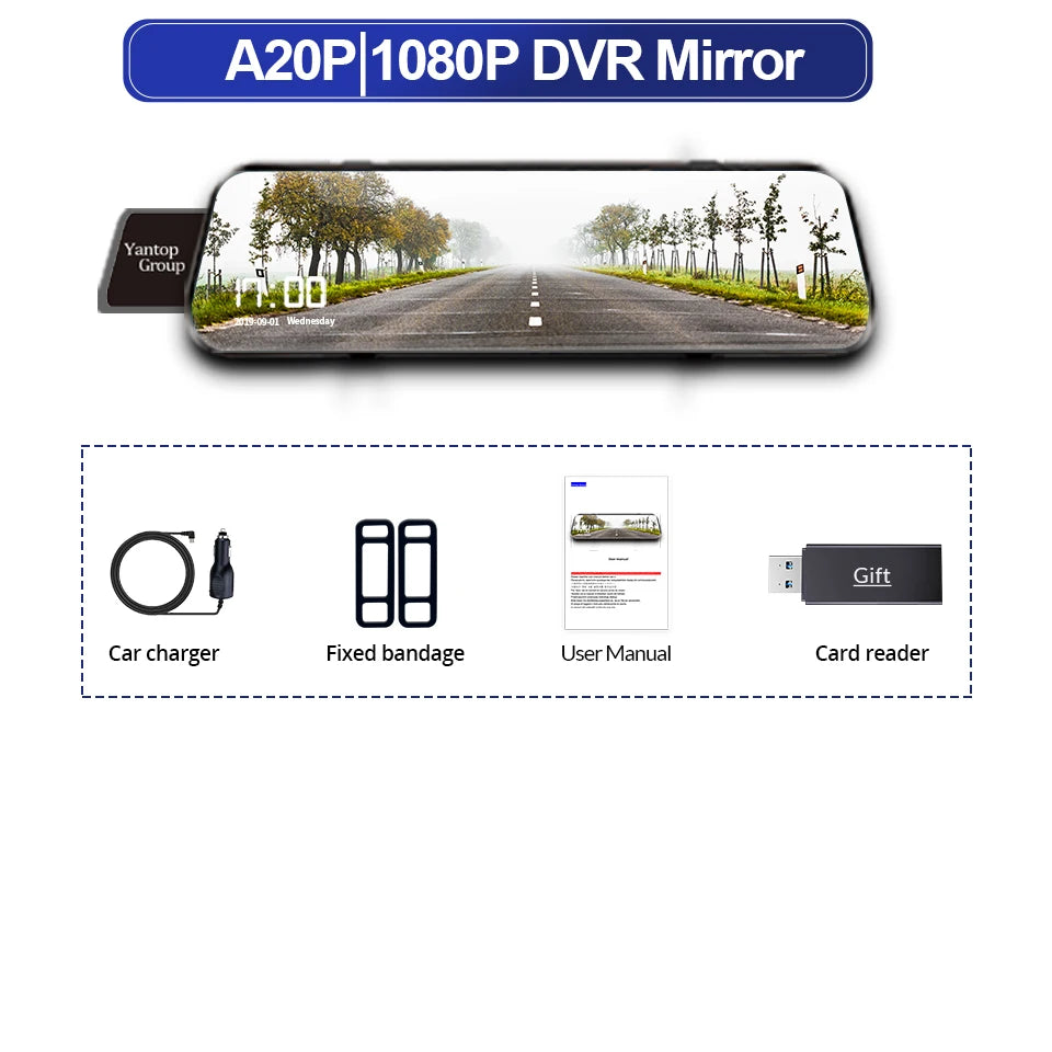 Un miroir DVR dual 1080P montrant une route avec des arbres et des bornes de bord de route.