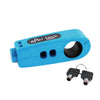 A blue universal motorcycle handlebar security lock with two key heads.