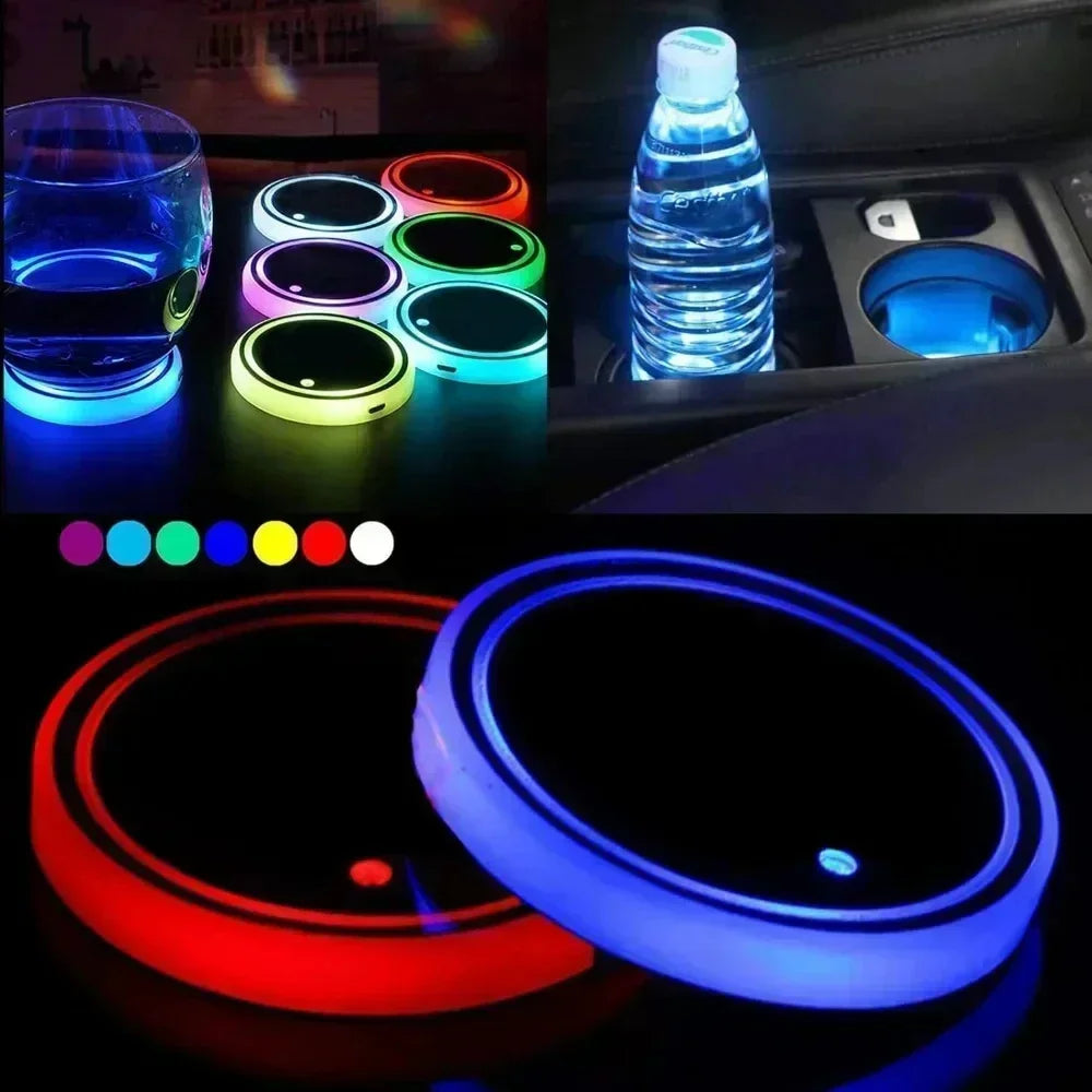 A collection of glowing LED car cup holder coasters in various colors, including blue, green, and red.