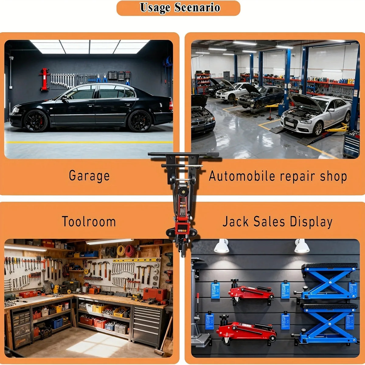 A display of heavy-duty metal floor jack stands in red and blue colors.