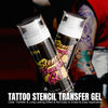 A bottle of Stencil Transfer Gel for tattoos is shown against a dark background.