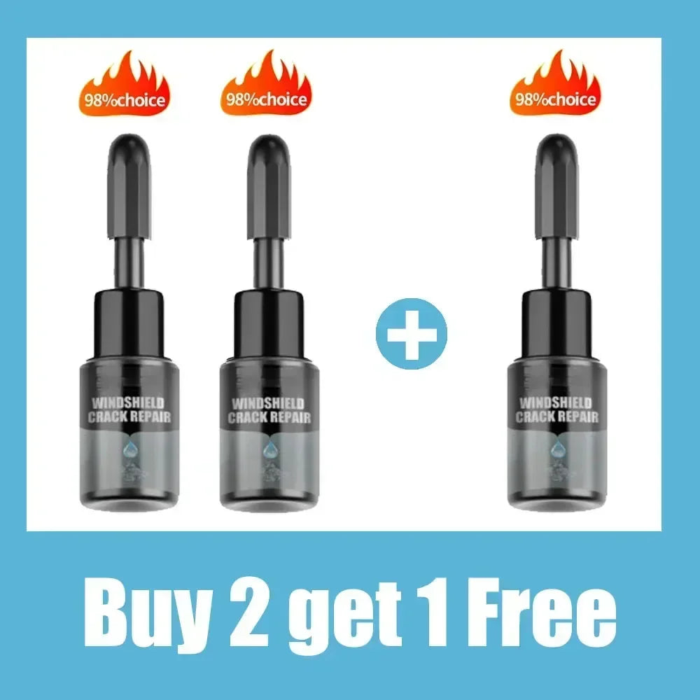 Three bottles of windshield crack repair kit with 98% choice certification and a buy two get one free offer.