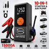 A black 10-in-1 starter and air pump device with various accessories shown next to a motorcycle, car, truck, and van.