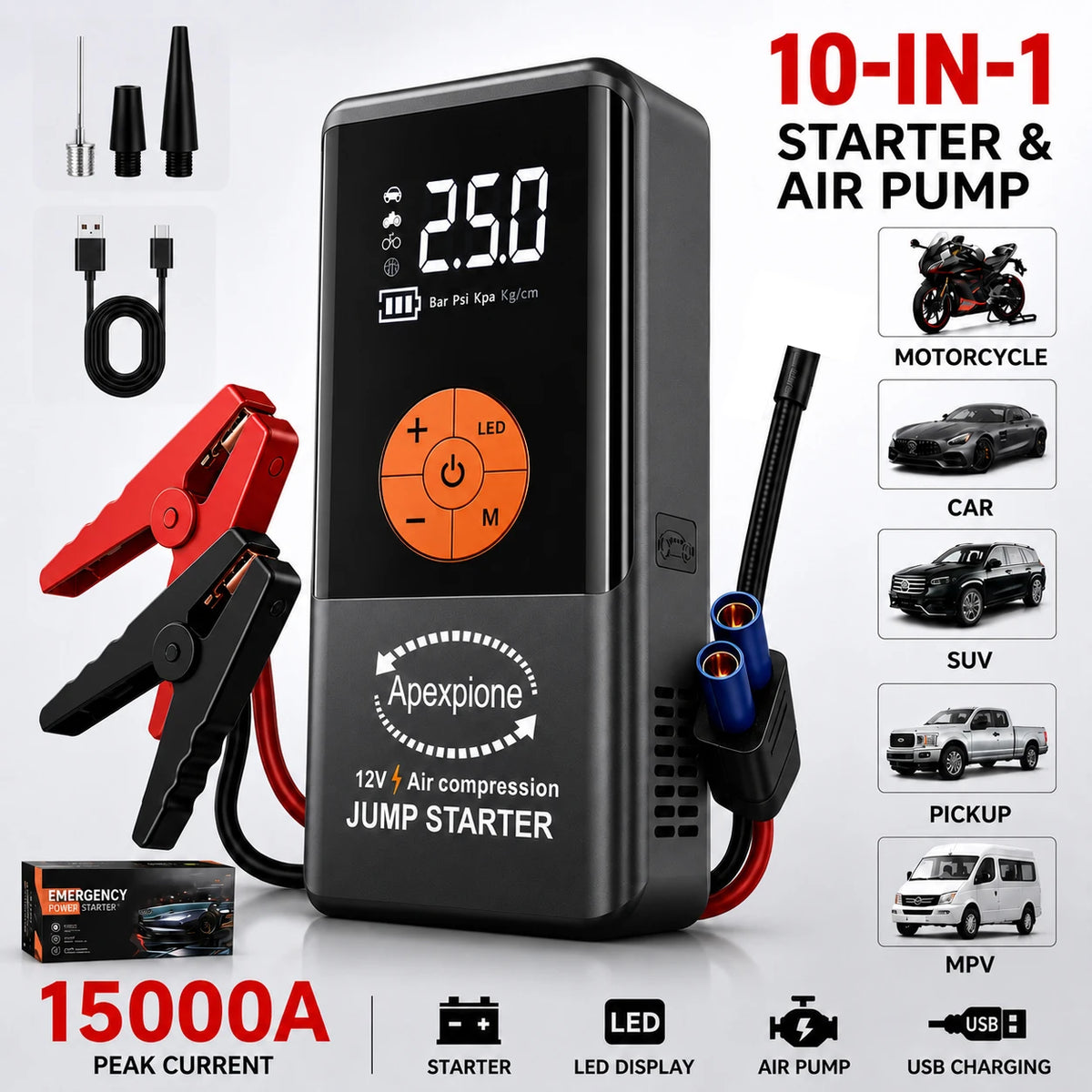 A black 10-in-1 starter and air pump device with various accessories shown next to a motorcycle, car, truck, and van.