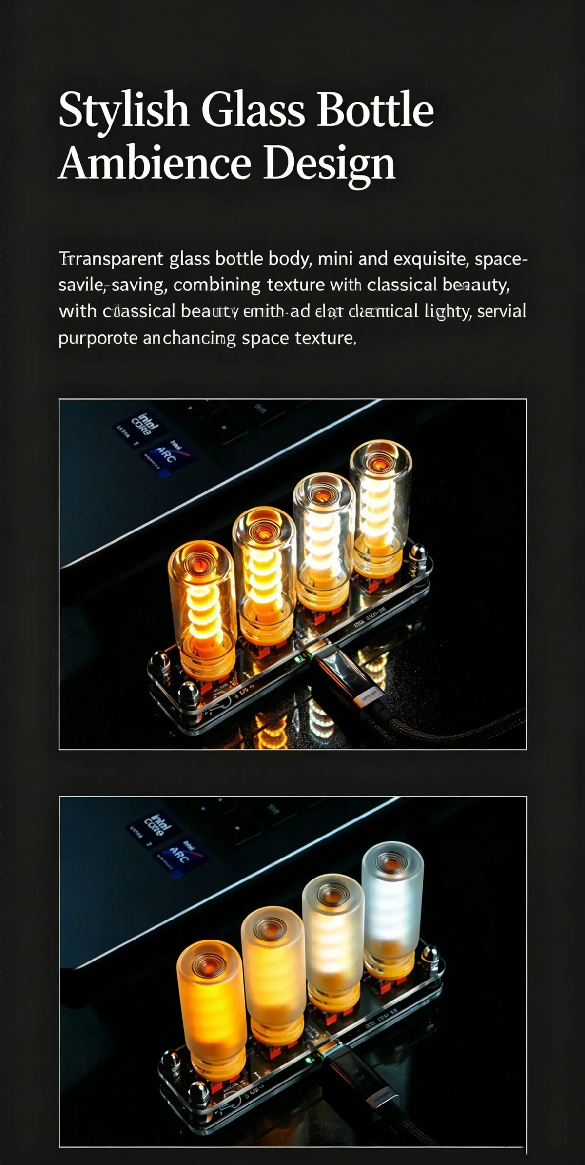 Gros plan d'une bouteille en verre au design avec de multiples filaments LED USB lumineux pour éclairage d'ambiance.
