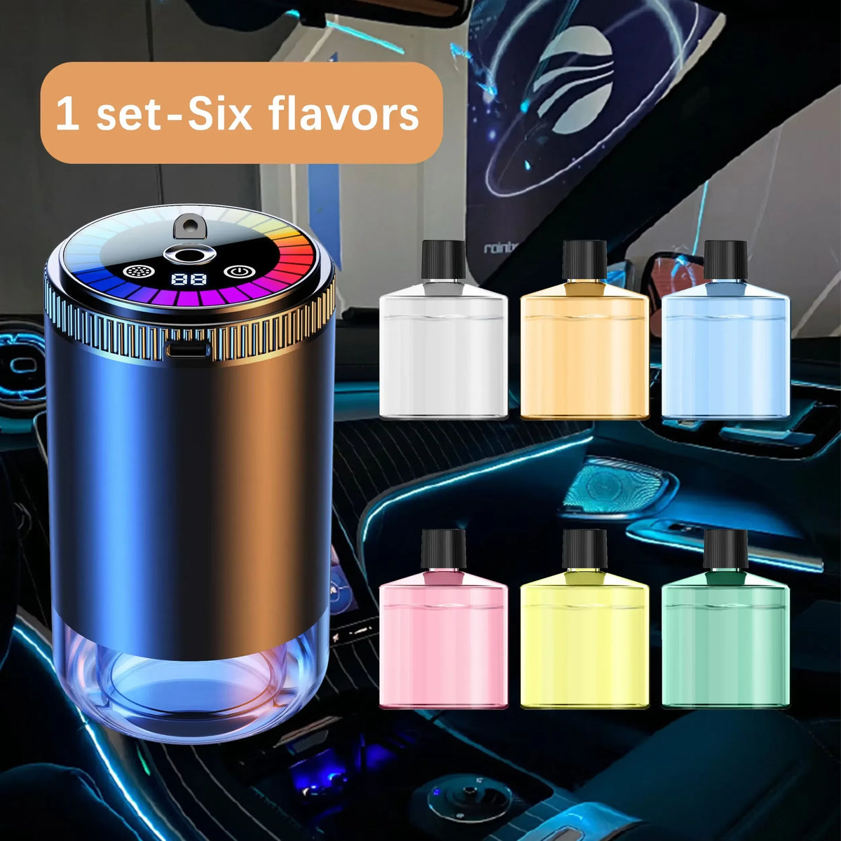 A set of six colorful multi-scent rechargeable air fresheners displayed on a car dashboard.