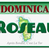 A green and white license plate design featuring the name Dominica and Roseau with a map of the island.