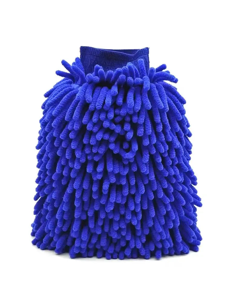 A deep blue microfiber car wash mitt with a fluffy, textured surface.