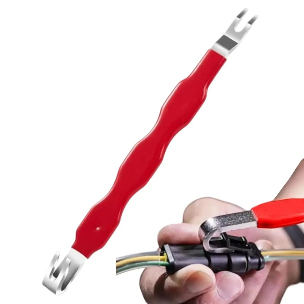 Eine Hand hält ein Werkzeug zum Trennen von Automobil-Elektrische Connectoren mit rohem Griff und silbernen Spitzen.