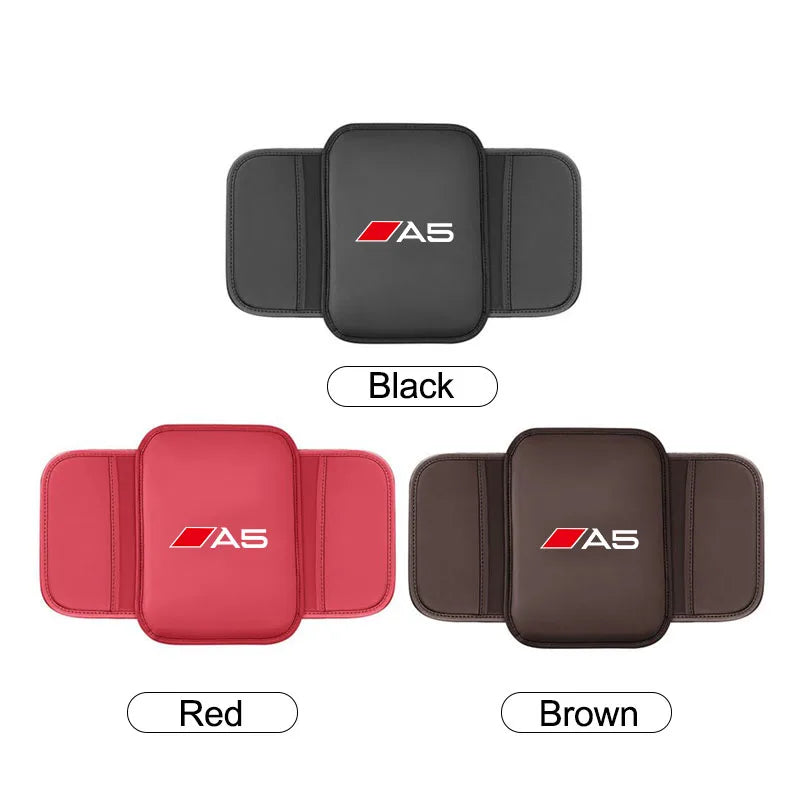 Leather car armrest protector mat in black, red, and brown colors with storage pockets