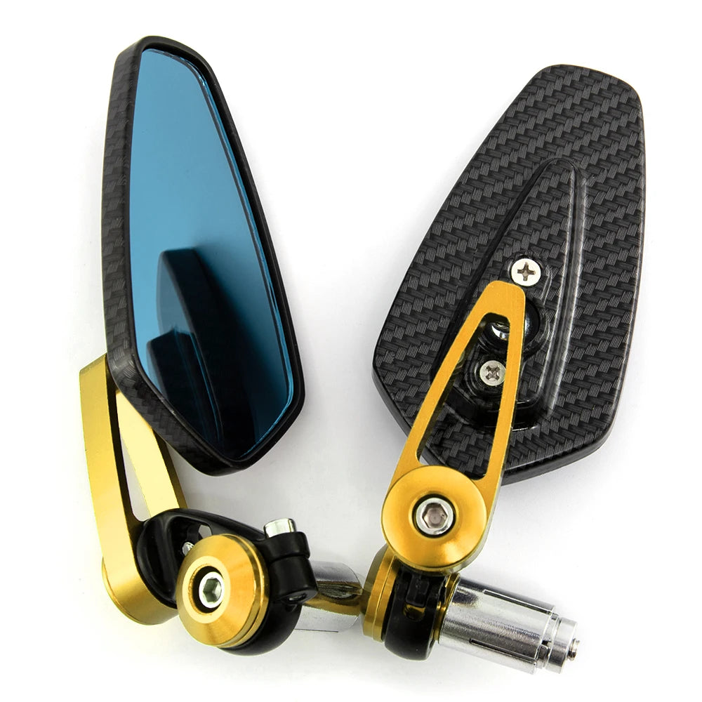 A pair of aluminum handlebar side motorcycle rearview mirrors with black and gold accents.