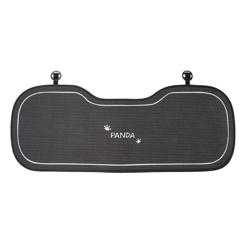 Black padded car seat cushion with panda design and attachment loops