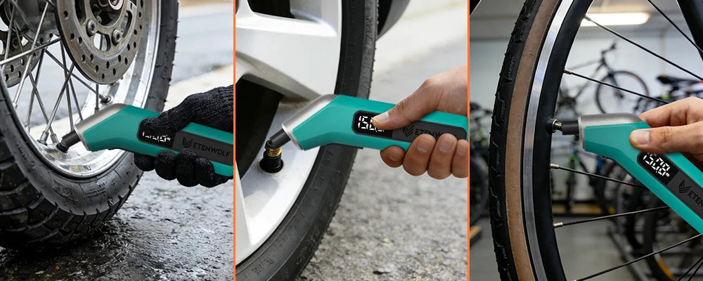 A hand uses a digital tire pressure gauge to measure the pressure on a bicycle tire.