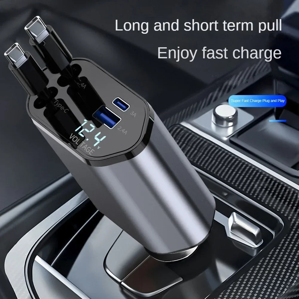 A silver retractable car charger with Type-C and USB ports is shown plugged into a vehicle's charging port.