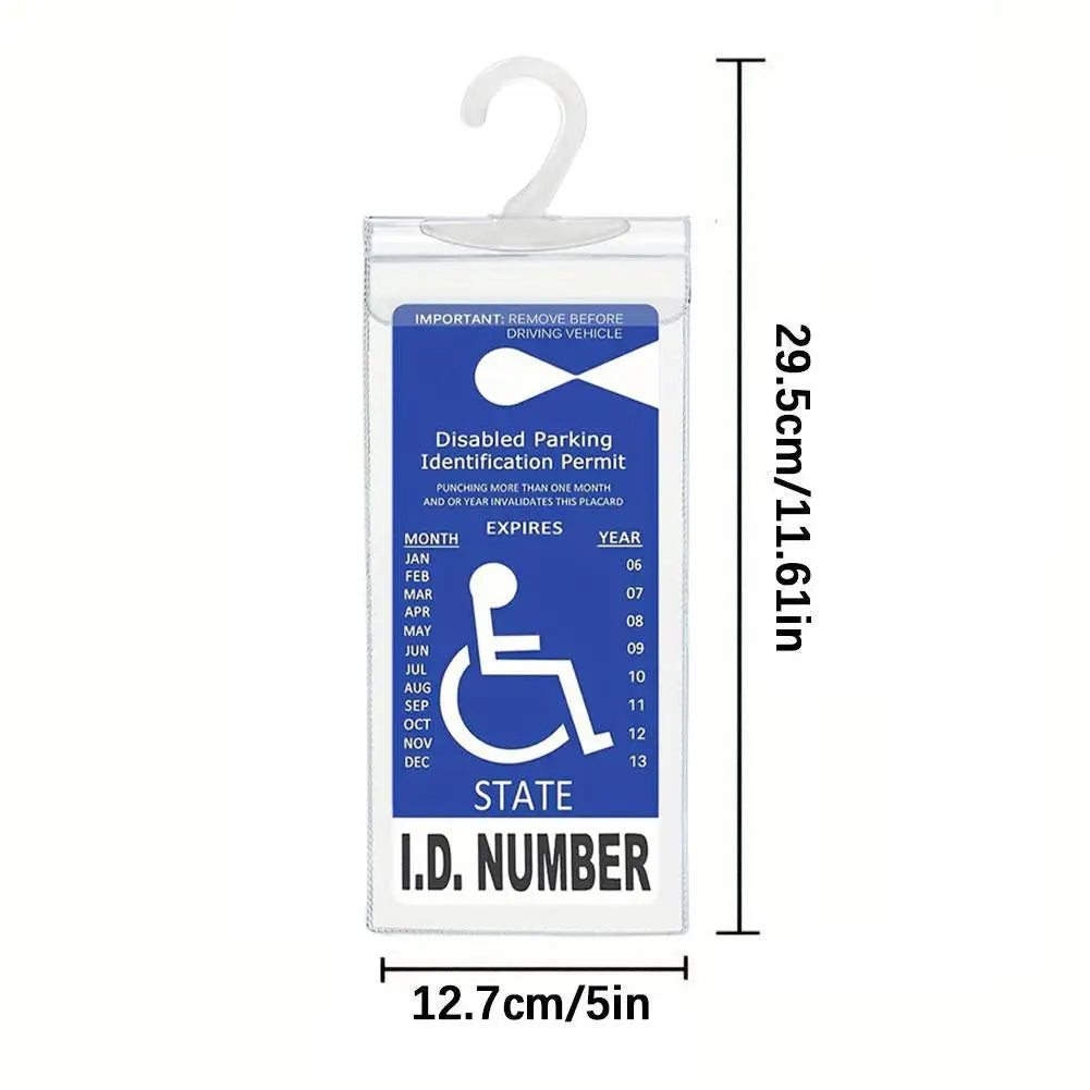 A clear plastic parking identification permit holder with a white hanger and space for an ID number.