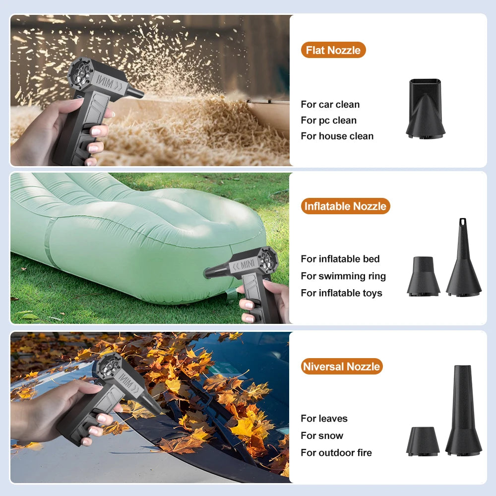 A hand holds a black high-speed turbo air blower demonstrating its use for cleaning various surfaces.
