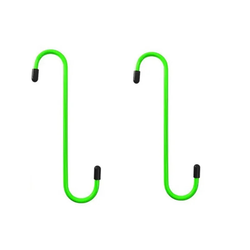 A pair of bright green suspension disc service brake caliper hooks.