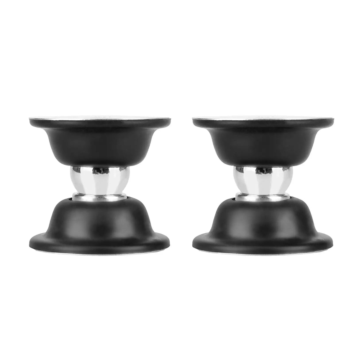 A pair of black magnetic door catches with silver accents for RVs and trailers