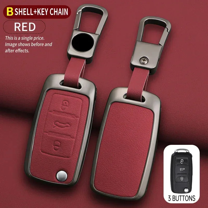 Coque rouge et chaîne avec couvercle rectangulaire et trois boutons pour clés de voiture