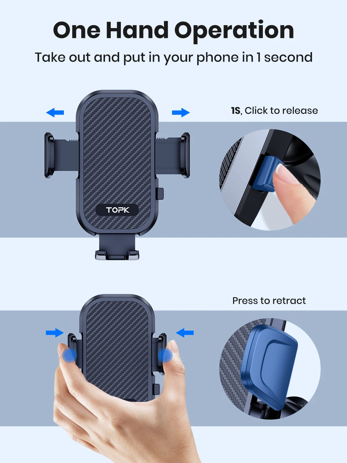 A hand is shown using a one-hand operation mechanism to take out and put in a phone in one second.