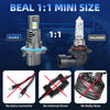 Comparison of a BEAL 1:1 mini size LED headlight bulb and a halogen bulb, highlighting features like connector and base.