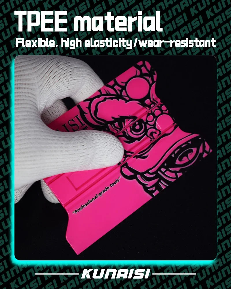 A pink TPE material tool is shown being used on a white glove, demonstrating its flexibility and wear-resistance.