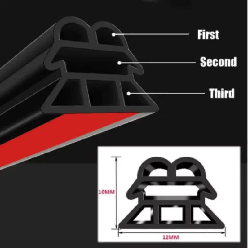 A diagram showing three layers of automotive door and waist line weatherstripping components.