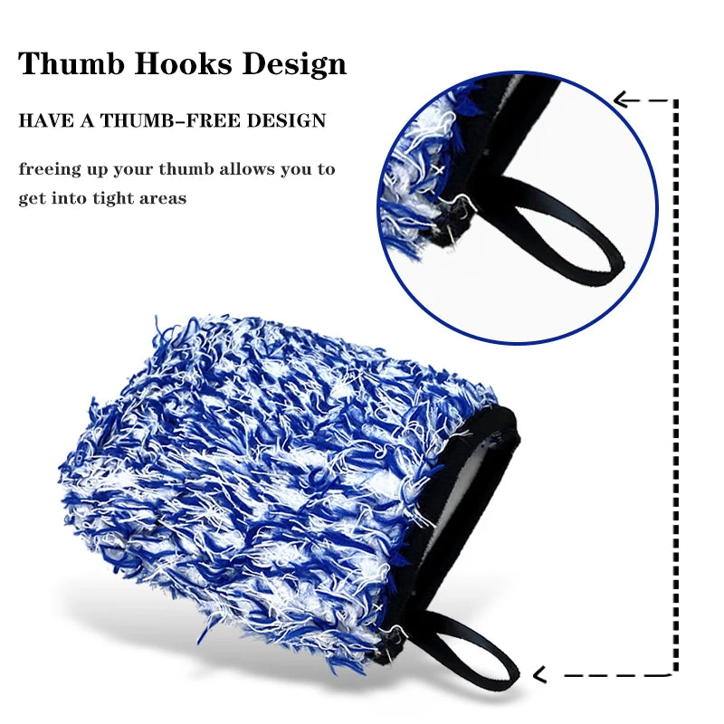 A blue and white microfiber wash mitt with thumb hooks designed for easy grip in tight areas.