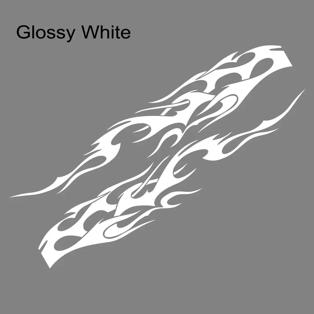 Glossy white flame racing stripe vinyl decals shown against a gray background.