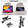 A set of black telescopic car phone mounts for tablets shown with various length options and a white quilted texture.