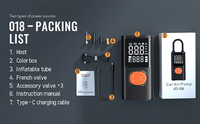 Liste de colisage pour un compresseur d'air portable et un gonfleur de pneus, montrant divers composants comme un corps, une 