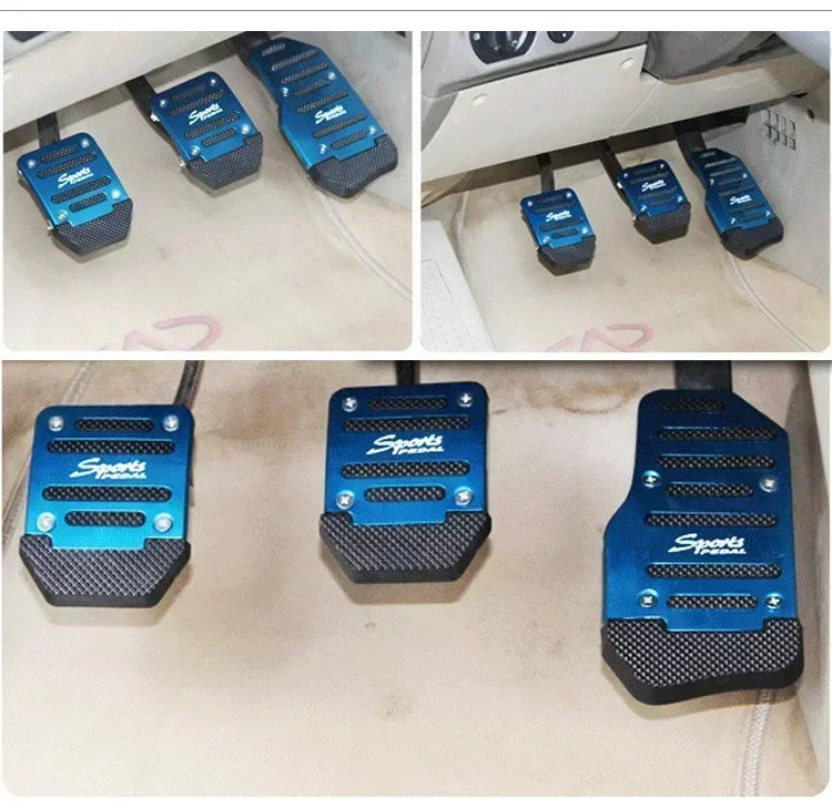 Un juego de cubiertas deportivas azules y negras para pedal de un coche, mostradas en varios ángulos.