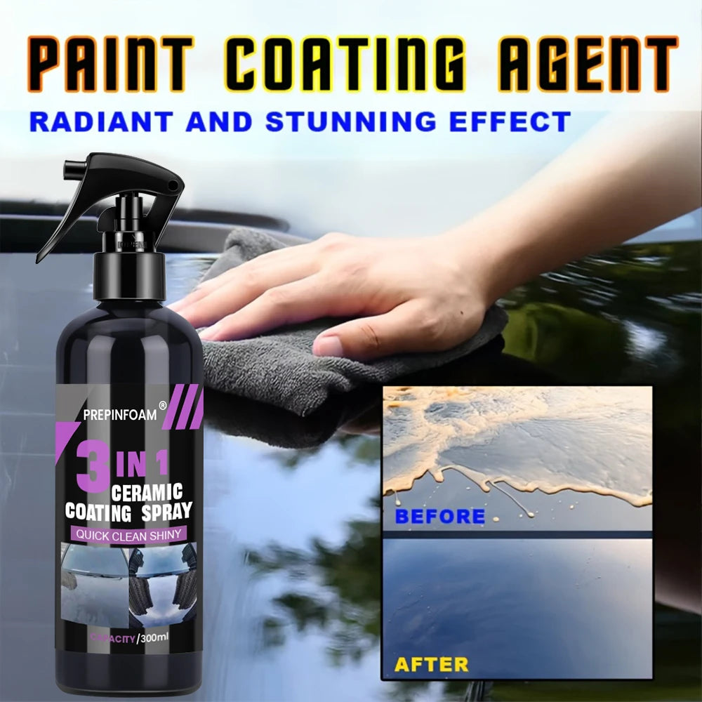 A bottle of Paint Coating Agent ceramic coating spray is shown being applied to a car surface.