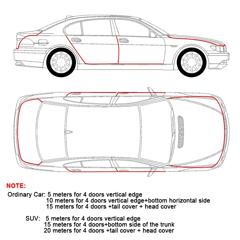 Diagrammes montrant différentes longueurs de protecteurs anti-rayures pour les bords des portes et des coffres de voiture.