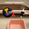 A portable fuel and water transfer pump kit is shown transferring liquid from a transparent tube into a pink container.