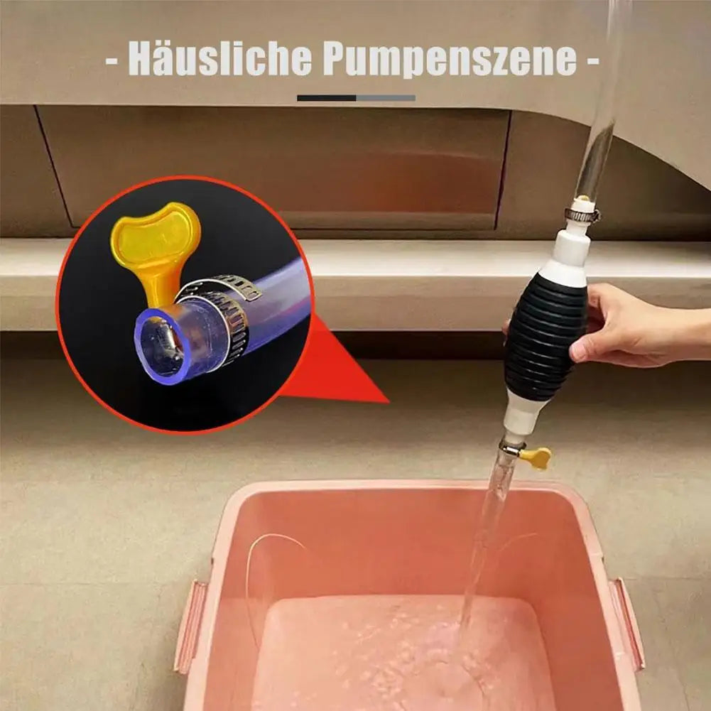 A portable fuel and water transfer pump kit is shown transferring liquid from a transparent tube into a pink container.