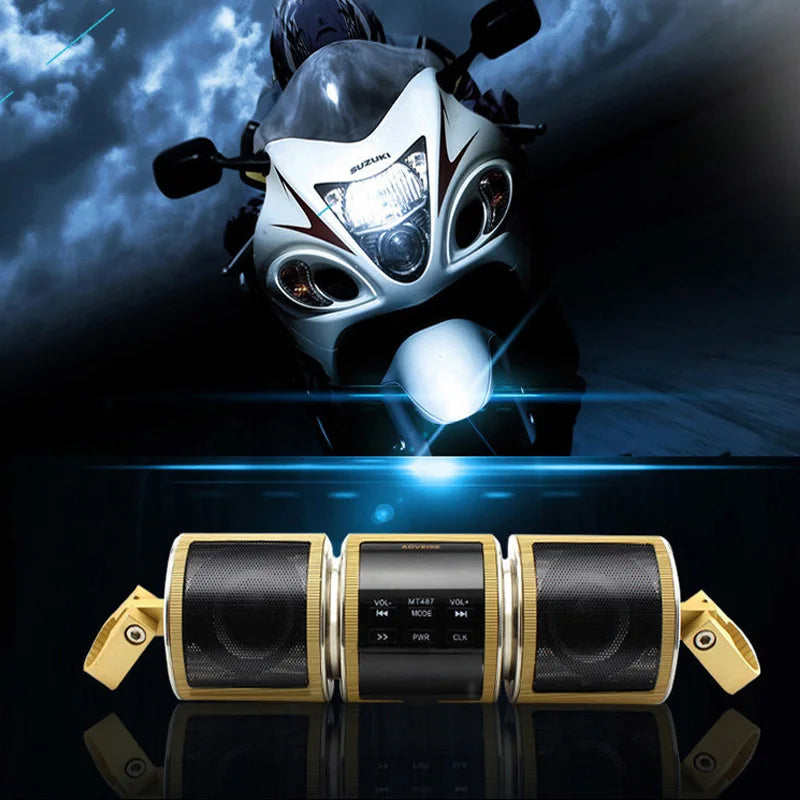 A close-up of a motorcycle headlight featuring a mounted Bluetooth speaker system.