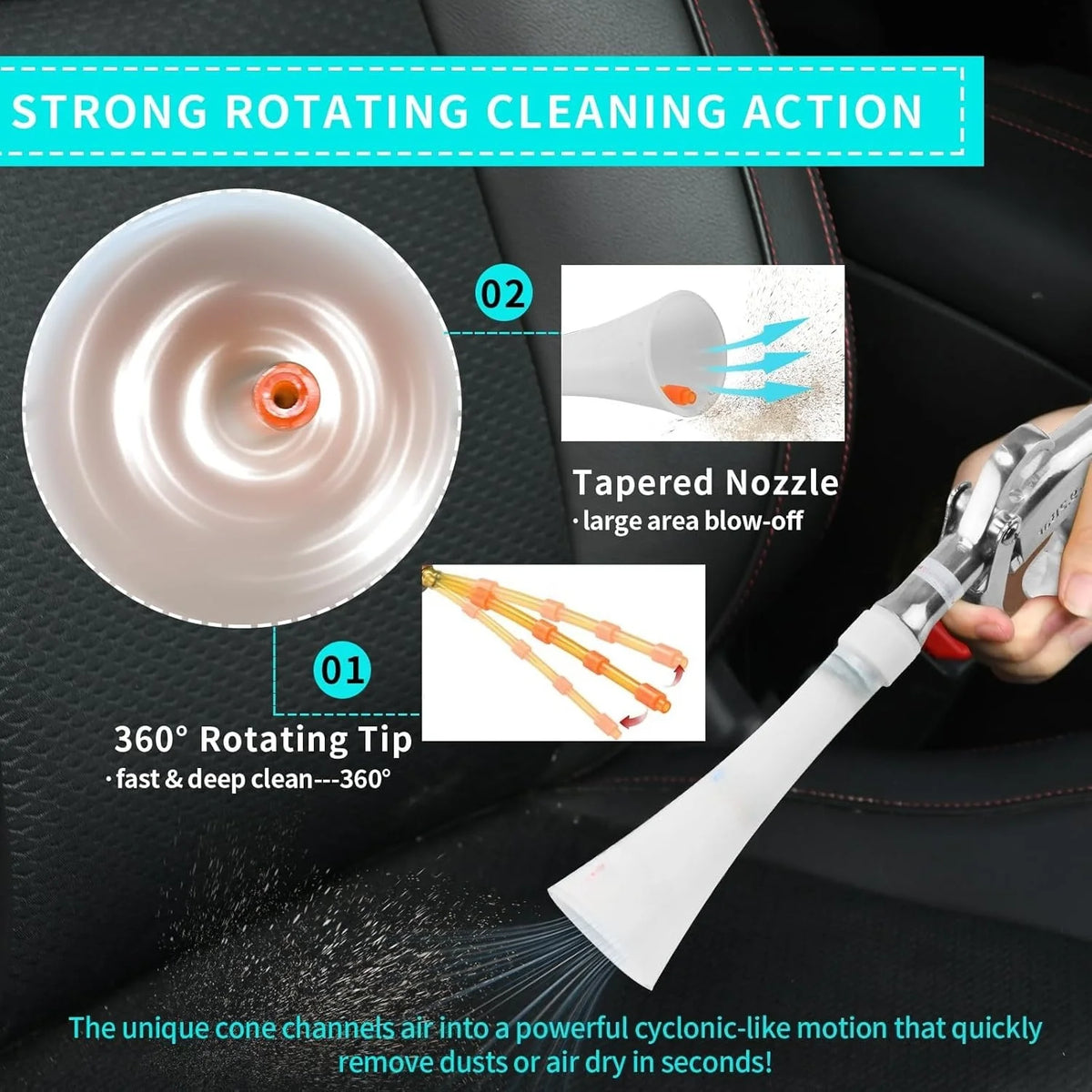 A hand holds a cleaning tool with a tapered brass nozzle, demonstrating its rotating tip for strong cleaning action.